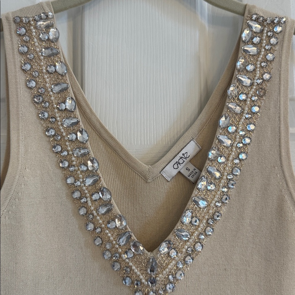 Caché Vintage Cream Silk Blend Very Embellished V-Neck Bodycon Top - Picture 4 of 11